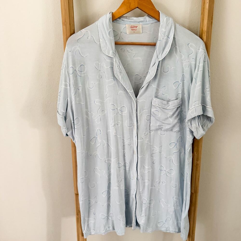In My Sundays Heirloom Bows Sky Blue Pajama Set XL Tencel Button Front Lounge - Picture 3 of 15